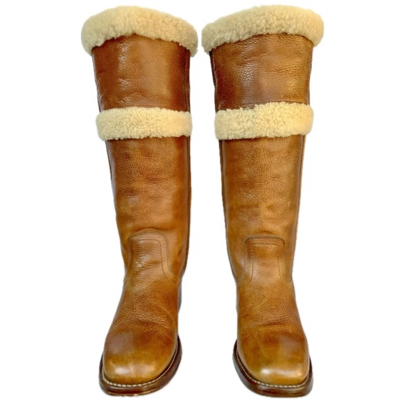 SOLD FRYE Vintage Campus Shearling Brown Tall Knee High Western Boots Size 8 - Picture 3 of 7